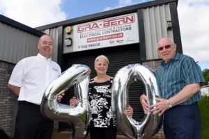 L-R Graham Brown with his wife Hilary, directors of Gra-Bern Electrical Ltd with Bernard Bowen, co-founding partner of Gra-Bern who recently retired.